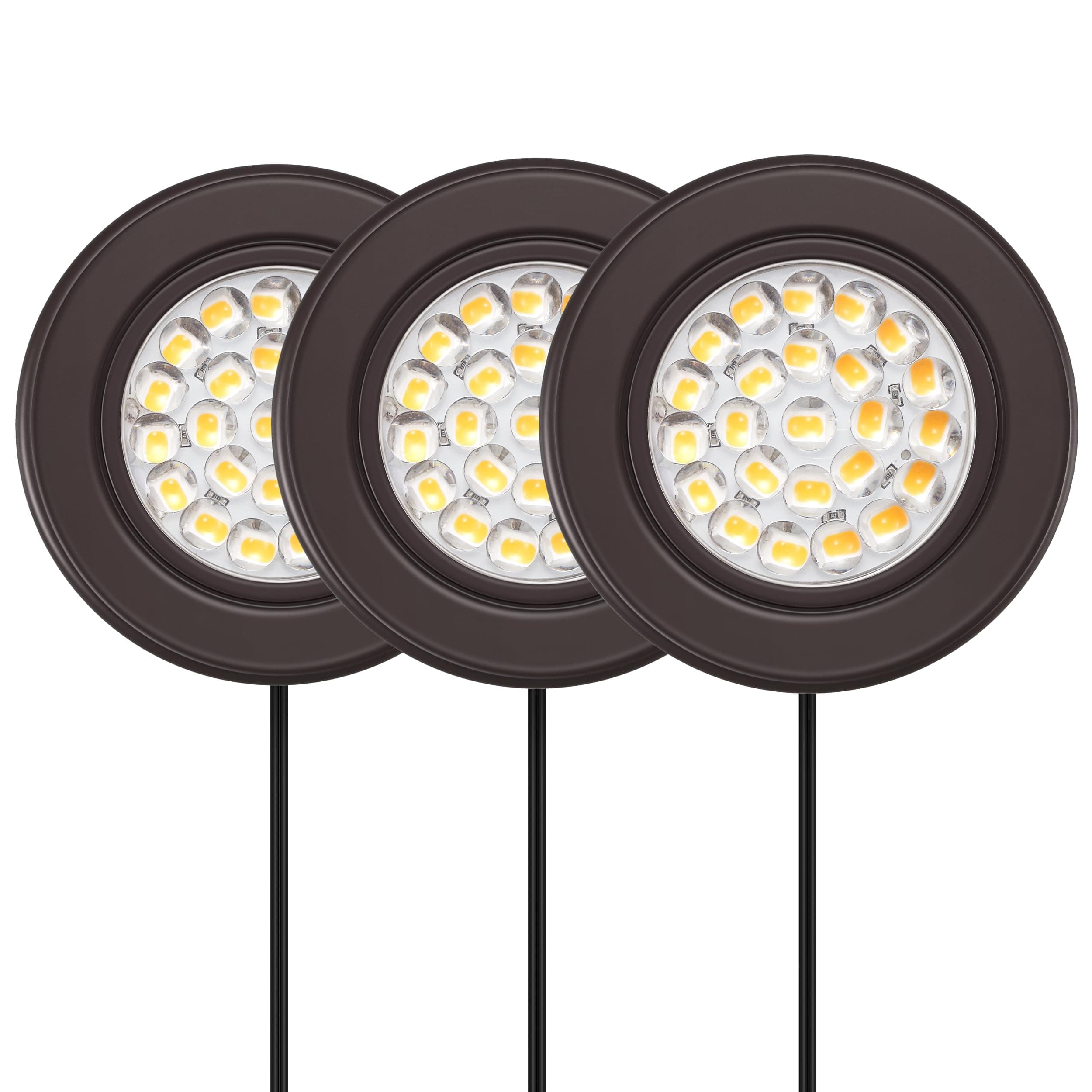 GETINLIGHT2.5" Wide 3000K Dimmable LED Puck Lights Kit, Plug-in Installation with Recessed or Surface Mounted, Bronze Finish Over Metal Construction, Set of 3, IN-0113-3-BZ