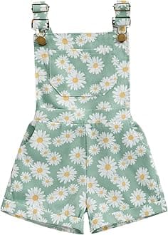 Toddler Baby Girl Overalls Romper Outfit Kids Ruffle Sleeve Tops T-Shirt + Floral Suspender Pocket Shorts Clothes Set (Suspender Shorts, Green, 6-12 Months)