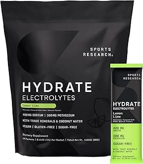 Sports Research Hydrate Electrolytes Powder Packets - Sugar-Free & Naturally Flavored with Vitamins, Minerals, and Coconut Water - Supports Hydration - 16 Packets - Lemon Lime