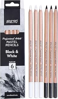 BRUSTRO Artists Pastel Colored Pencils - Set of 6 (3 Black and 3 White) - 4mm lead | Break Resistant, Erasable, Highly Pigmented, Vibrant Colours | Ideal for Drawing,Sketching,Mandala,Shading,Portrait