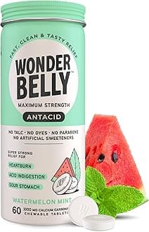 Wonderbelly Antacid, Effective Heartburn and Instant Acid Indigestion Relief, Extra Strength Chewable Tablets, 1000 mg Calcium Carbonate, No Talc or Dye, Watermelon Mint, 60 Count