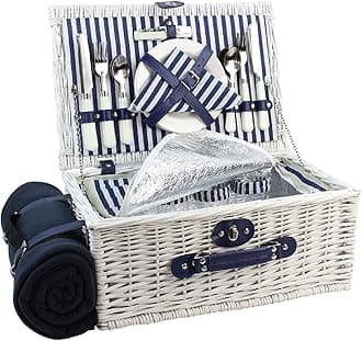 Picnic Basket Willow for 4 Persons, Large Wicker Hamper Set with Big Insulated Cooler Compartment, Free Fleece Blanket with Waterproof Backing and Cutlery Service Kit- Fashionable White Washed Color
