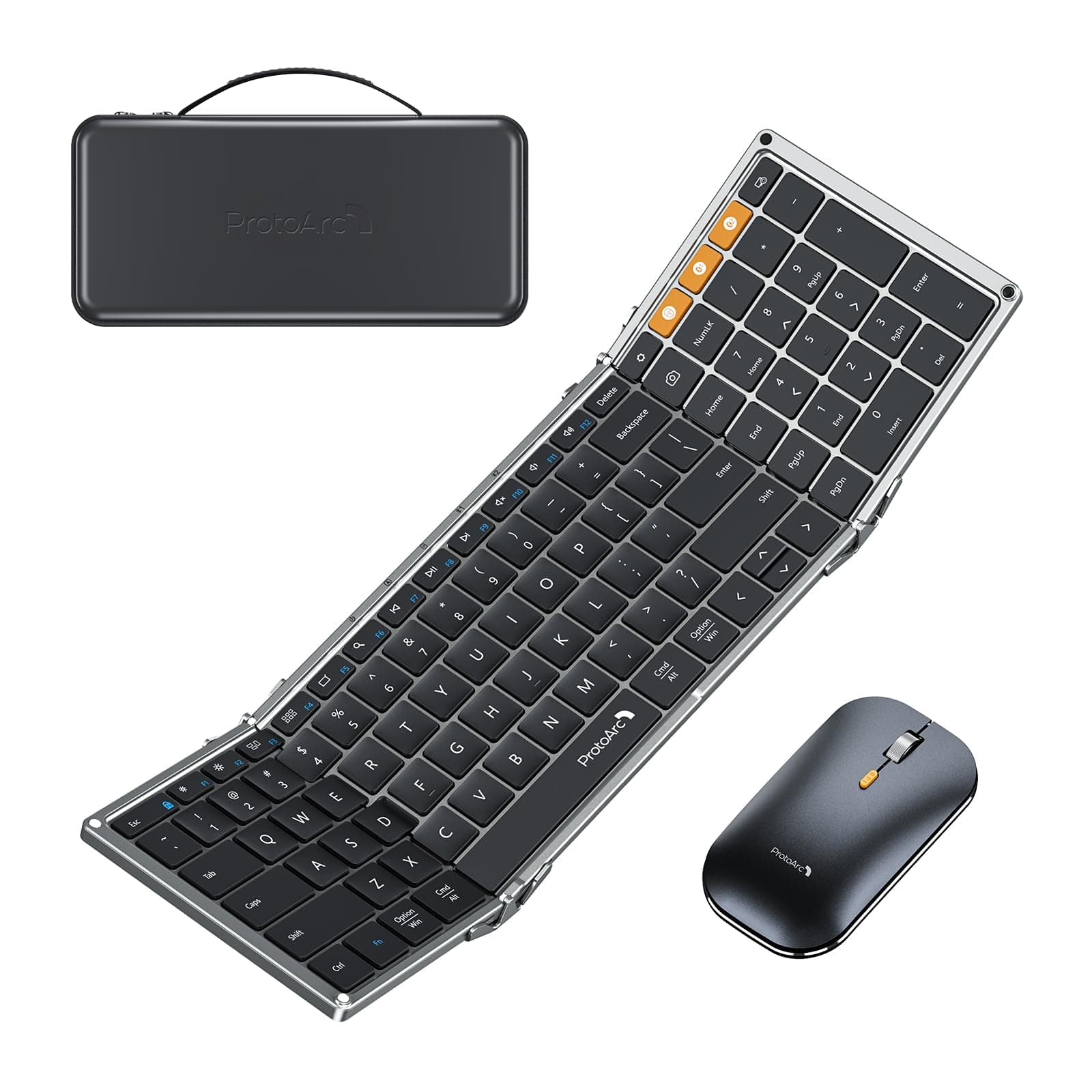 ProtoArc Foldable Keyboard and Mouse, XKM01 True Full-Size Folding Keyboard Mouse Combo for Business and Travel, 2.4G+Dual Bluetooth Portable Mouse Keyboard for Laptop iPads Tablets - Black Gray