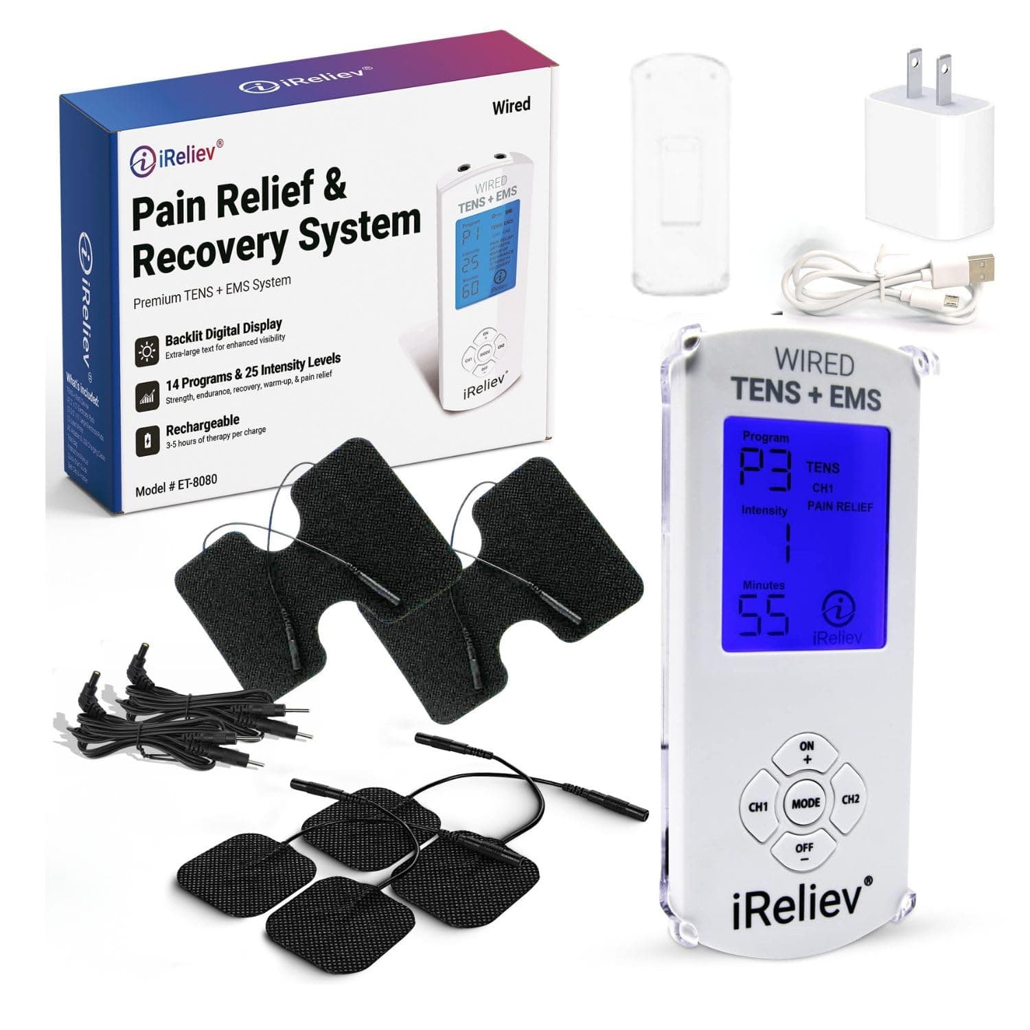 TENS Unit + EMS Muscle Stimulator with 14 Therapy Modes, Premium Pain Relief and Recovery System, Rechargeable, Large Back Lit Display, Large and Small Electrode Pads
