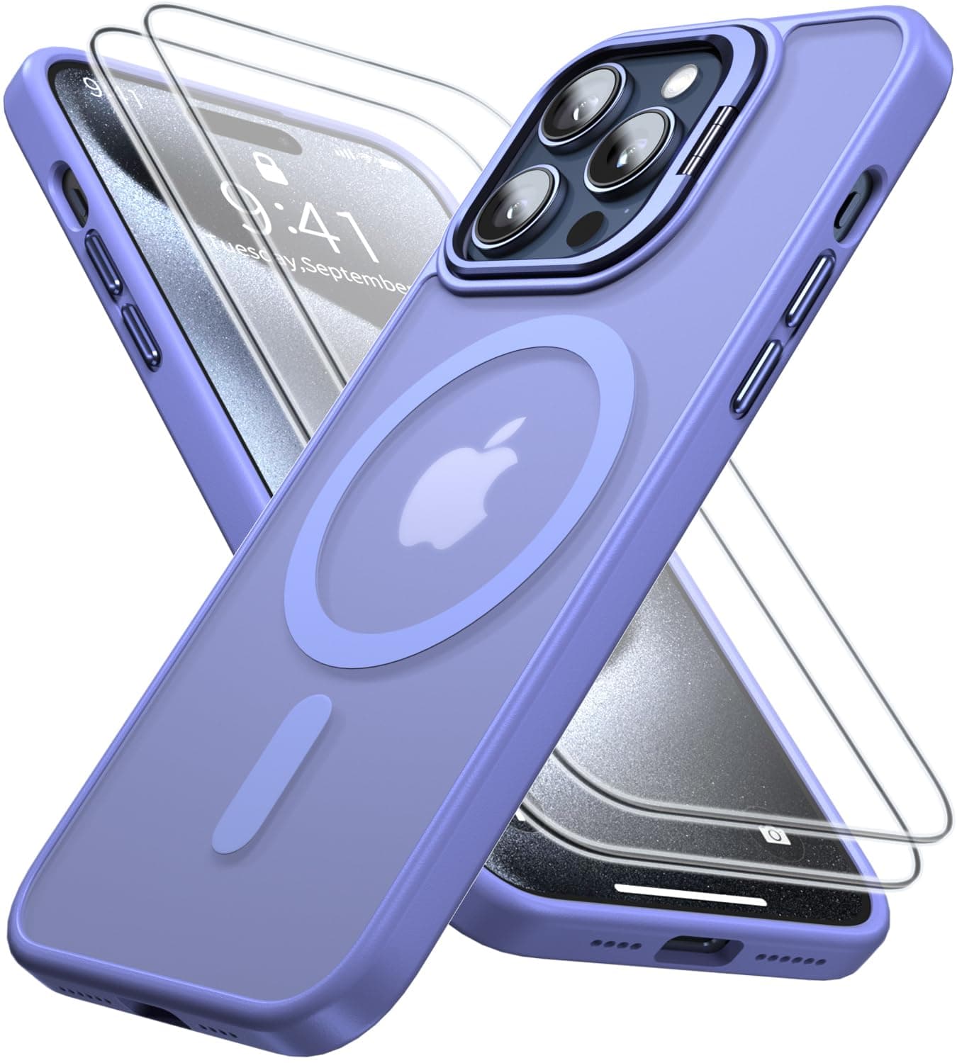 AEDILYS Shockproof for iPhone 15 Case, with Stand add 2 Screen Protector [Military-Grade Drop Tested] [Compatible with MagSafe] Translucent Slim Anti-Scratch (Magnetic Light Purple, iPhone 15 Pro)