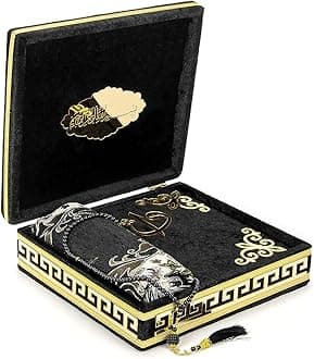 ihvan online Luxury Islamic Prayer Velvet Covered Gift Box, Deluxe 4 Piece Set with Elegant Velvet Covered Quran & Prayer Beads Tesbih & Prayer Rug, Ramadan & Eid Gift, Black
