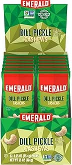 Emerald Nuts Dill Pickle Seasoned Cashews 12 Ct (1-Pack), 1.25 Oz Individual Snack Tubes, Kosher Certified, Non-GMO, Contains No Artificial Preservatives, Flavors or Synthetic Colors
