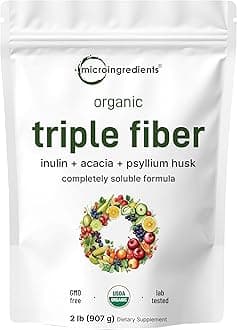 Organic Triple Soluble Fiber Powder (Inulin, Acacia, Psyllium Husk), Prebiotics Supplement for Digestive Health, 2 Pounds (32 Ounce), All Natural, Water Soluble and Taste Free, Vegan Friendly