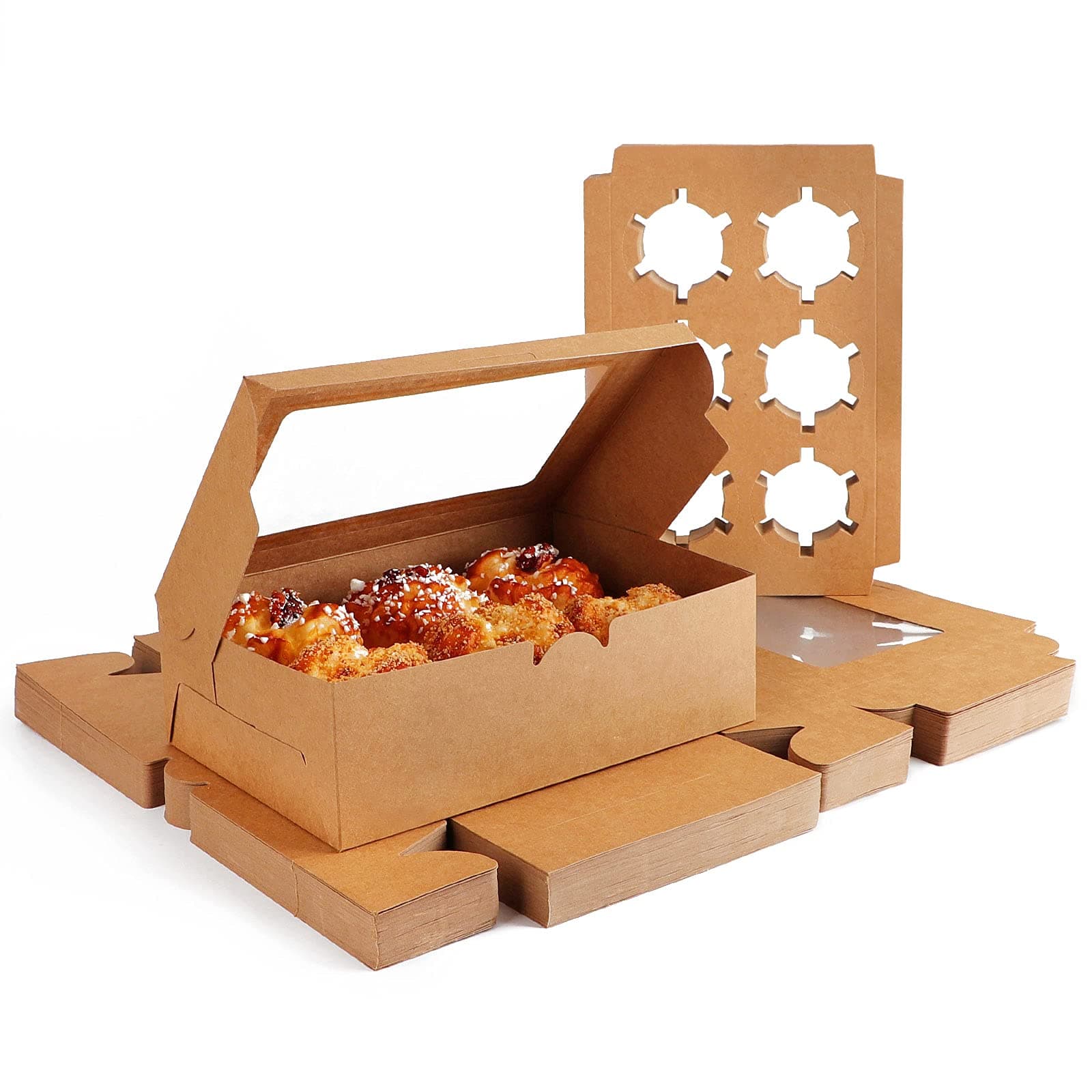 EUSOAR Cupcake Boxes, 50pcs 9.4" x 6.2" x 3.0" Muffin Containers 6 Count with Insert and Display Window, Kraft Muffin Cupcake Box Carrier Packaging Cupcake Boxes Fits 6 Cupcakes or Muffins