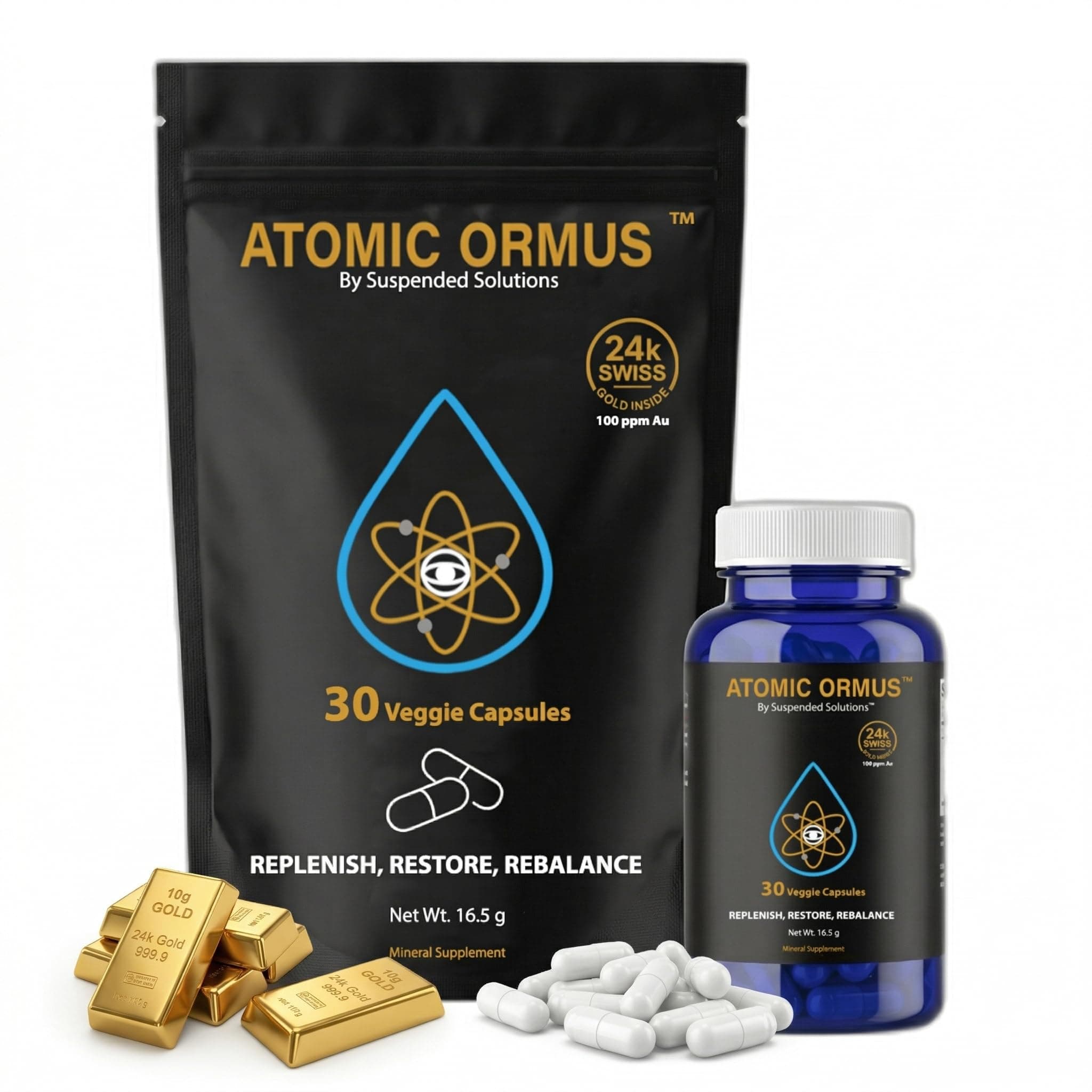 Atomic Ormus Capsules Monoatomic 24k Gold Inside – 30 caps, 24k Gold Platinum Iridium ORMUS, Energetically Enhanced, Memory, Energy, Stamina & Vitality, Vegan Supplement
