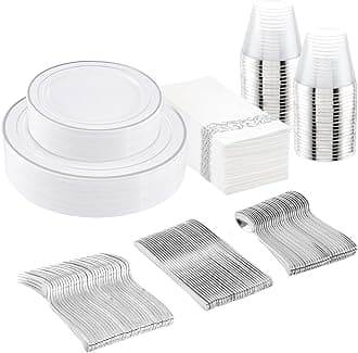175Pcs Silver Plastic Dinnerware Set, Plastic Plates Disposable for 25 Guests Include:25 Dinner Plates, 25 Dessert Plates, 25 Paper Napkins, 25 Cups, 25 Silver Plastic Silverware Set