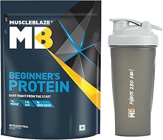 MuscleBlaze Beginner's Whey Protein, No Added Sugar, Faster Muscle Recovery & Improved Strength (Cookies & Cream, 1 kg / 2.2 lb) with Shaker, 650 ml (Combo Pack)