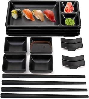 16 Piece Japanese Sushi Plate Set, Melamine Sushi Serving Set, Sushi Dinnerware Set - Includes 4 Sushi Serving Plates, 4 Sauce Dishes, 4 Pairs of Chopsticks, 4 Chopstick Holders (Black)