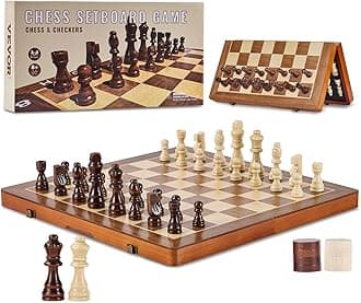 VEVOR Magnetic Wooden Chess Set,15 inch 2-in-1 Chess Checkers Game Set,Folding Chess Board Games,Christmas Crafts Xmas Gift,for Adults Kids,Beginner
