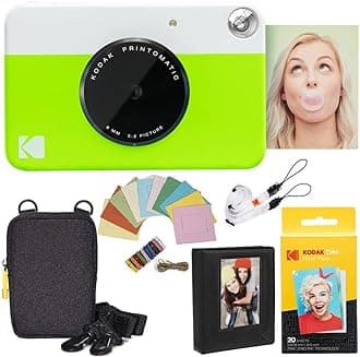 Kodak Printomatic Instant Camera Bundle (Green) Zinc Paper (20 Sheets) - Case - Photo Album - Hanging Frame