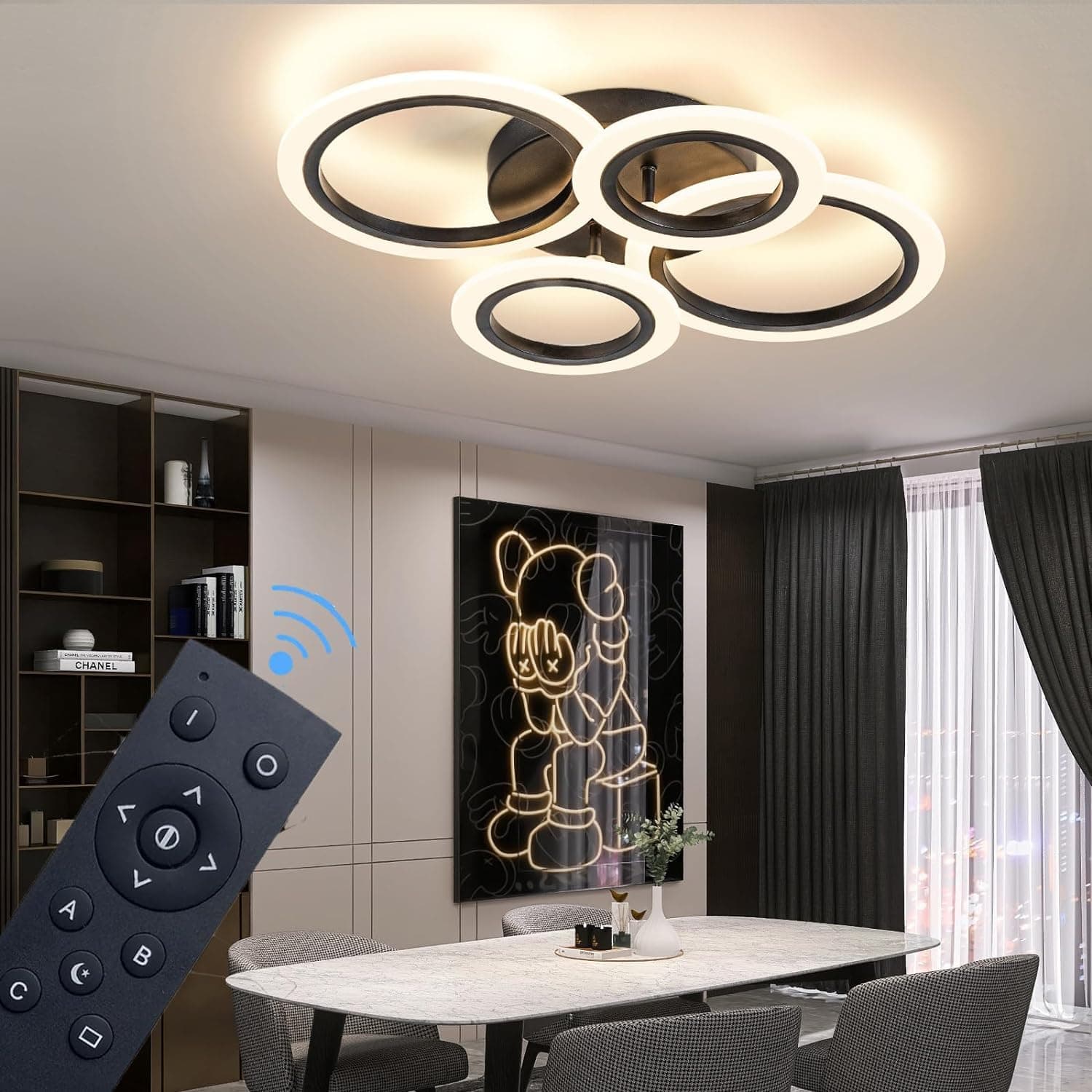 34W Modern LED Ceiling Light, 3000K-6000K Dimmable Ceiling Lighting Fixtures Ceiling Mount 4 Rings Black LED Chandelier Bedroom Lights Flush Mount with Remote for Kitchen, 2720LM