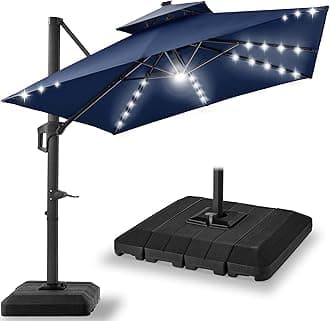 Best Choice Products 10x10ft Cantilever Patio Umbrella w/Base Included, Solar LED Lights 360 Rotation Large Offset Hanging Outdoor Shade for Deck Pool Backyard w/Stand – Navy Blue