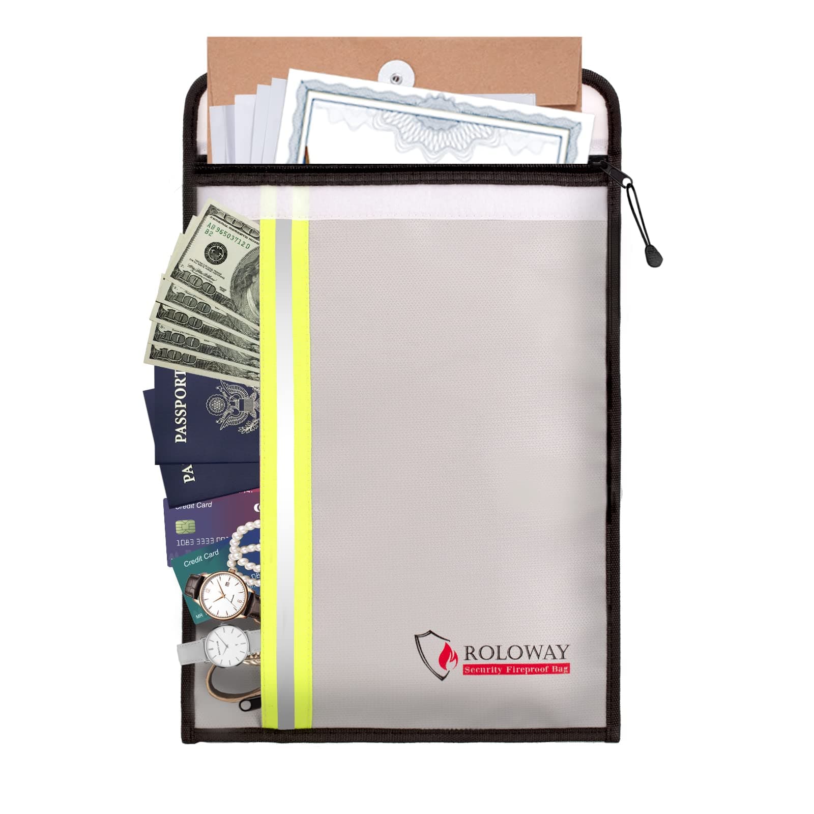 ROLOWAY Fireproof Document Bag (15 x 11 inch) with 2 Pockets, Fire Safe Envelope Bag for Cash, Legal Documents (Silver)