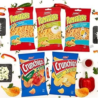 LORENZ 85g Pack DIFFRENT Packs Collection - CRUNCHIPS XCUT Cheese & Onion, XCUT Paprika, POMSTICKS Salt & Vinegar, Salted,Sour Cream