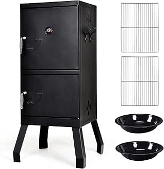 Giantex Vertical Charcoal Smoker 2-Tier Outdoor Barbeque Grill with Thermometer, Air Tent and Handle (Black)