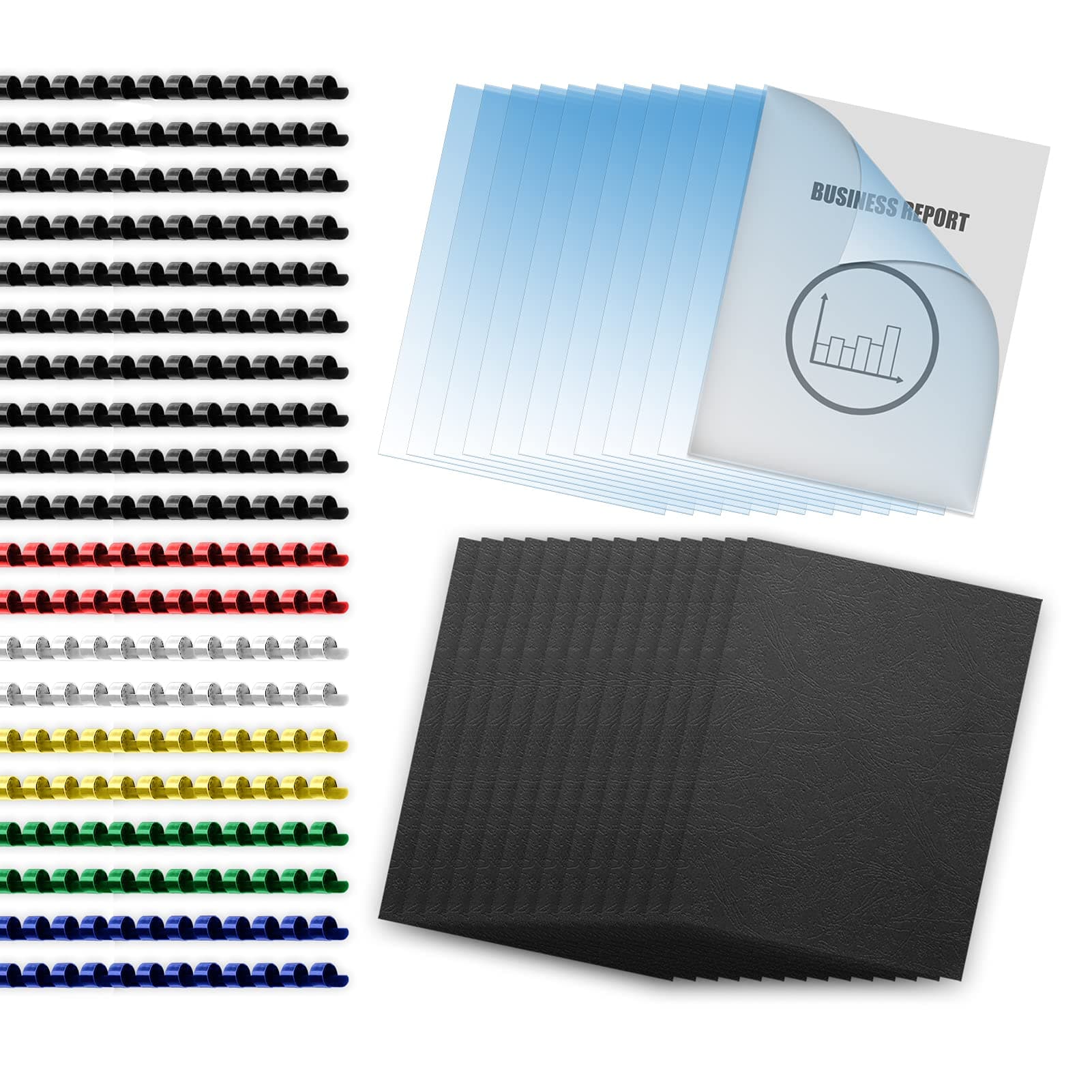 HOUYEE Binding Covers and Combs Set, 8.5x11 Inches, Including 50 Pcs Leather Texture Paper Binding Covers, 50 Pcs 8 Mil Clear PVC Sheets and 20 Pcs Assorted Combs