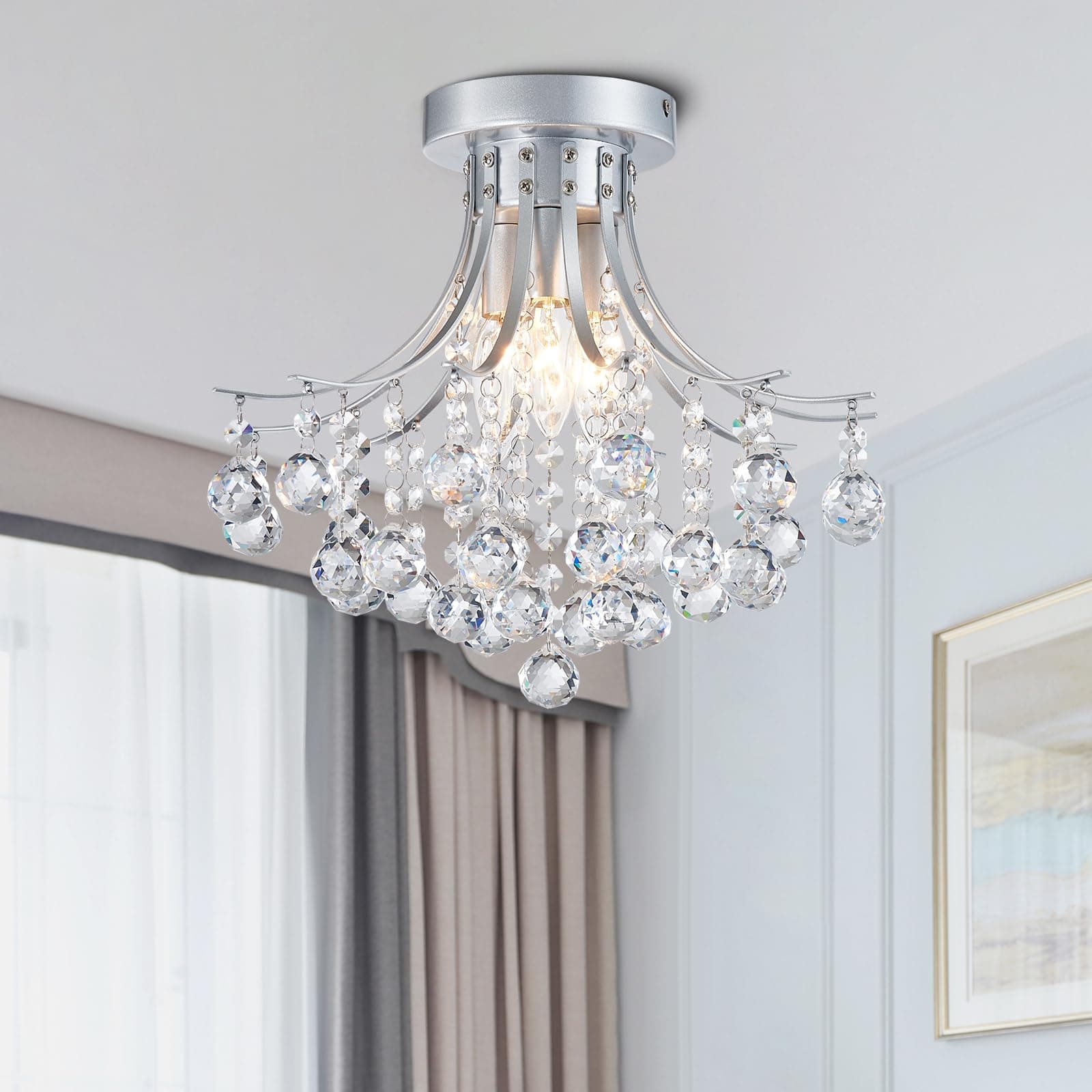Modern Silver Crystal Semi-Flush Mount Chandelier Lighting Ceiling Light Fixture Lamp for Diningroom Bathroom Bedroom Livingroom 3 E12 Bulbs Required D13.5 inch X H11.6 inch