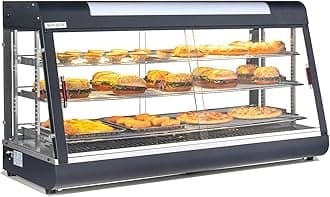 - ROVSUN 48" Food Warmer Pizza Warmer Countertop, 3-Tier Food Warmer Display Pretzel Warmer w/LED Adjustable Removable Shelves Front & Rear Doors, Pastry Display Case for Buffet Restaurant, 1800W