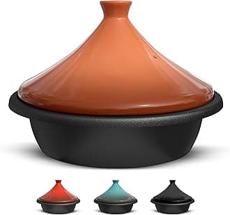Kook Moroccan Tagine, Preseasoned Cast Iron Cooking Pot, Tajine with Ceramic Cone-Shaped Closed Lid, 3.3 QT (Terracotta)