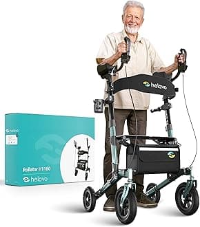 Helavo All Terrain Upright Walker with Flat-Free Solid Rubber Tires - Outdoor Stand Up Walker for Seniors - Tall Standing Rollator with Seat