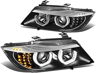 Auto Dynasty LED Halo Headlights Assembly Compatible with 2009-2012 BMW E90 320i 323i 4-Dr Sedan, Left and Right Side, 3D Crystal Gray Trim U-Halo, Projector Low Beam, LED Turn Signal, Black Housing