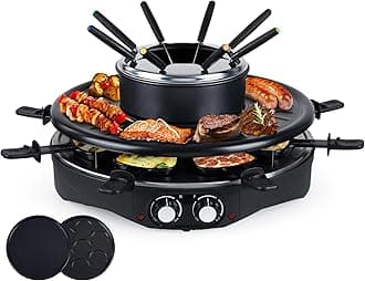 Electric Table Grill - Indoor Non-stick Electric Round Grill Griddle - Reversible 3-in-1 Raclette Grill & Fondue Set for 8-Person, Flat Plate, Pancake Pan Included, Temperature Control, FD-08