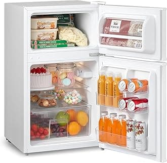 COMFEE' RCT87WH2(E) Under Counter Fridge Freezer, 87L Small Fridge Freezer with Light, Removable Shelves, Adjustable Thermostats, Reversible Doors, White