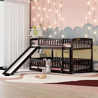 Bellemave Full Over Full Low Bunk Bed with Slide and Fence Railings Wood Floor Bunk Beds with Ladder for Toddler Kids Boys Girls Teens, Espresso