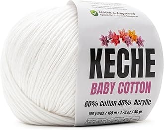 Keche Cotton Yarn, 60% Cotton 40% Acrylic Yarn, Soft Cotton Yarn for Crochet and Knitting, Amigurumi Yarn 1 Skein/Ball 1.76 Oz (50g) / 180 Yrds (165m) - White