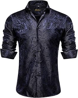 DiBanGu Mens Silk Paisley Dress Shirts Casual Jacquard Long Sleeve Button Down Shirt with Collar Pin Wedding Party