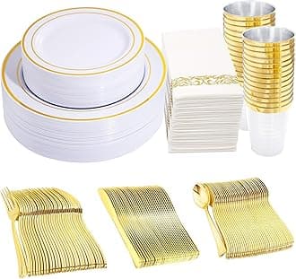 350 Pieces White and Gold Plastic Plates - 50 Guest Dinnerware Set Include 100 Plates, 50 Gold Plastic Silverware, 50 Paper Napkins and 50 Cups for Party Wedding Valentine's Day