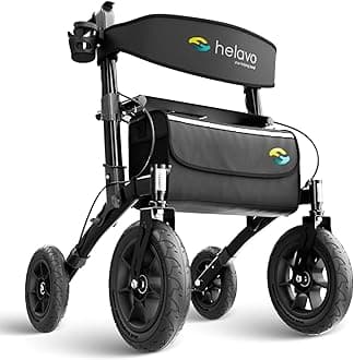 Helavo Foldable All Terrain Walker with Seat - Outdoor Walker for Seniors with Large 12" Pneumatic Tires for Perfect Comfort on All Surfaces