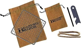 Portable Bushcraft Stainless BBQ Cooking Grill Grate, Bamboo Cutting Board, Burlap Bag, Mini Knife, Fire Starter Kits. Camping, Campfires, Backpacking, Hunting & Fishing Gear