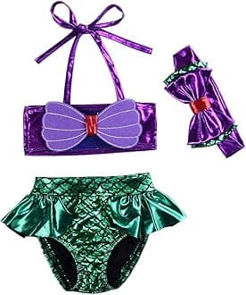 Kids Toddler Baby Girl Mermaid Swimsuits Halter Swimwear Bikini Set with Headband 3Pcs Set