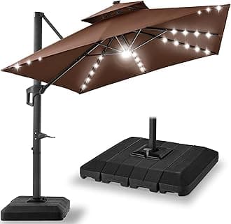 Best Choice Products 10x10ft Cantilever Patio Umbrella w/Base Included, Solar LED Lights 360 Rotation Large Offset Hanging Outdoor Shade for Deck Pool Backyard w/Stand – Brown