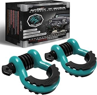 AUTMATCH D-Ring Shackle 3/4" (Set of 2) Approx 19 Ton Break Strength 7/8" Screw Pin Shackle Isolator with Washer Tow Strap Winch Off-Road Vehicle Recovery 3/4" Shackle Teal/Black