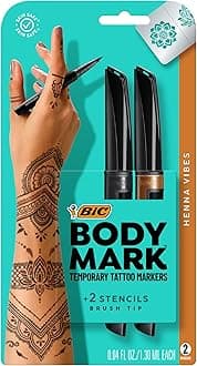 BIC BodyMark Temporary Tattoo Markers for Skin, Henna Vibes, Flexible Brush Tip, 3-Count Pack of Assorted Colors, Skin-Safe*, Cosmetic Quality
