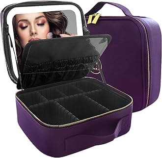 MOMIRAMakeup Bag with Mirror and Light Travel Makeup Train Case Cosmetic Bag Organizer Portable Artist Storage Bag with Adjustable Dividers Makeup Brushes Storage Organizer Deep purple, Deep purple