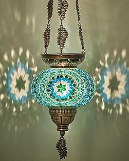 DEMMEX Turkish Moroccan Colorful Mosaic Bohemian Boho Hanging Candle Holder Lantern with Handmade Colorful Glass Globe and Metal Leaf Chains, 60 cm (Turquoise)