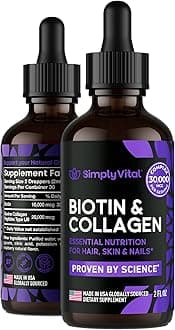 SimplyVital Liquid Biotin & Collagen - Hair, Skin & Nails Vitamins with Biotin 10000mcg & Collagen Peptides - Made in USA - Liquid Collagen for Healthy Skin & Hair Growth Support - 2 fl oz