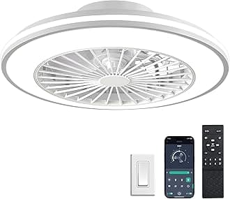 Smart Ceiling Fans with Lights and Remote, Low Profile Ceiling Fan with Light, Flush Mount Bladeless Modern Ceiling Fans, Bedroom Fan bladeless Ceiling Fan (White), 20-inch