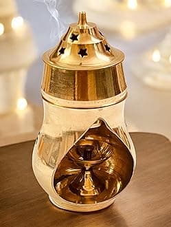 Camphor Aroma Incense Burner Lamp Cylindrical Essential Aroma Lamp Oil Burner with Diya Brass Gold Plated (8.5cm x 8.5cm x 16cm)