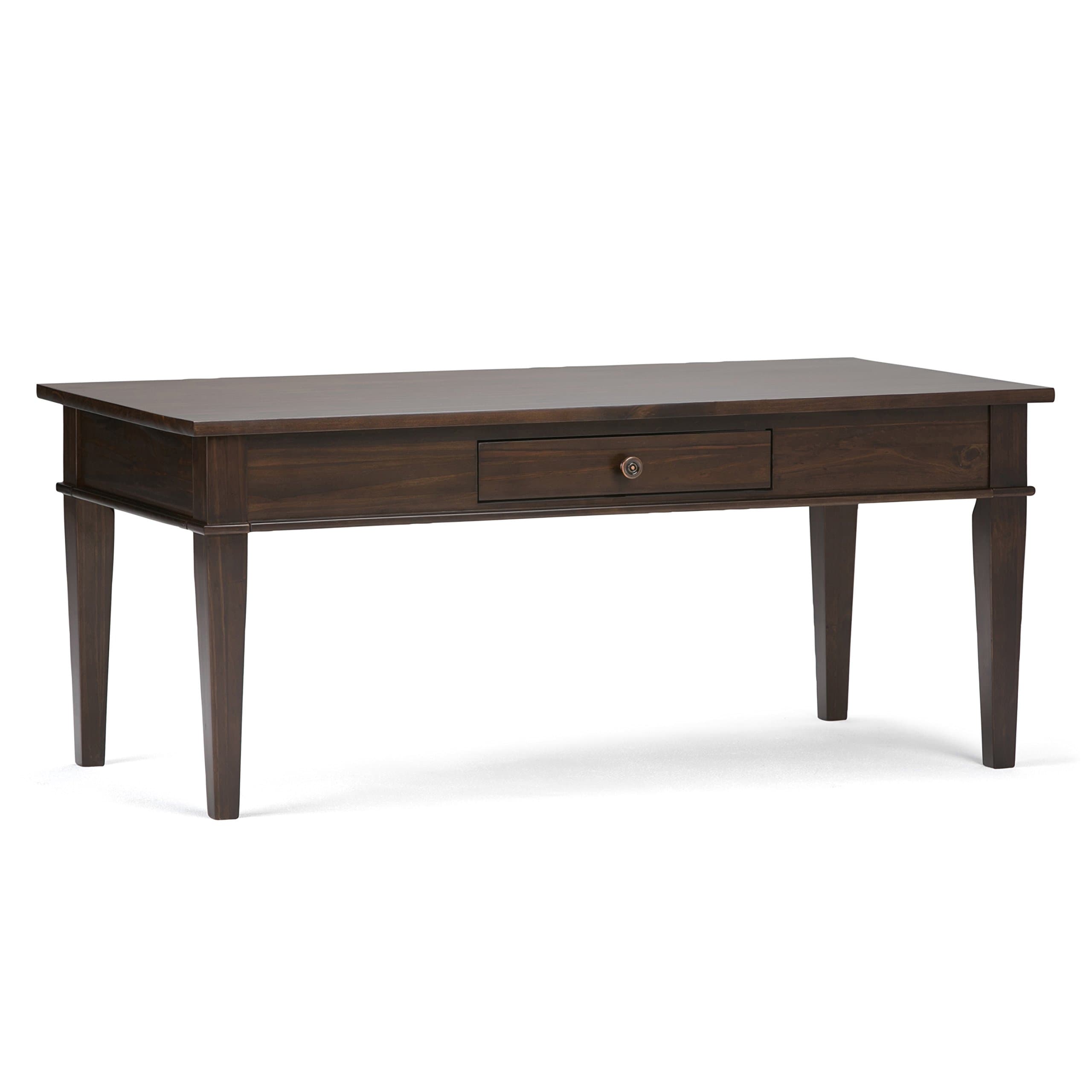 SIMPLIHOMECarlton Coffee Table - 44 inch Wide Solid Wood Transitional Cocktail Table in Dark Tobacco Brown, Classic Living Room Table with Open Storage Shelf and Clean-Lined Tapered Leg Design