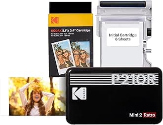 KODAK P210 Mini 2 Retro, Mobile Coloured Photo Printer, Compatible with Smartphone (iOS & Android), Bluetooth, 54 x 86 mm, 4Pass Technology, Lamination, 6 Cartridges, 68 Sheets, Black