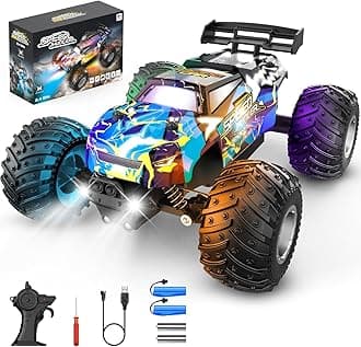 Rcjoyou Remote Control Car, 2WD Off-Road Rc Truck, 20 KM/H All-Terrain RC Cars with Headlights & Body Lights, 2.4GHz, 2 Batteries, Remote Control Car for Boys 4-7 8-12, Gift Toys for Boys Girls
